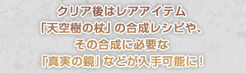 クリア後はレアアイテム「天空樹の杖」の合成レシピや、その合成に必要な「真実の鏡』などが入手可能に！
