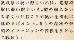 炎攻撃に弱い敵もいれば、電撃攻撃に弱い敵もいる。敵の弱点をいち早くつかむことが戦いを有利に進めるポイント。自らの魔法や仲間のイマージェンの特性を生かして戦おう！