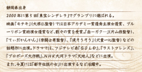静岡県出身 2000年に第5回「東宝シンデレラ」でグランプリに選ばれる。
映画『モテキ』（大根仁監督）では日本アカデミー賞優秀主演女優賞、ブルーリボン賞助演女優賞など、数々の賞を受賞。『岳－ガク―』（片山修監督）、『てぃだかんかん』（李闘士男監督）、『涙そうそう』（犬童一心監督）などの話題作に出演。ドラマでは、フジテレビ系『ＧＯＬＤ』、『ラストフレンズ』、『プロポーズ大作戦』、ＮＨＫ大河ドラマ『天地人』などに出演。また、今夏には『都市伝説の女』に出演するなど活躍中。