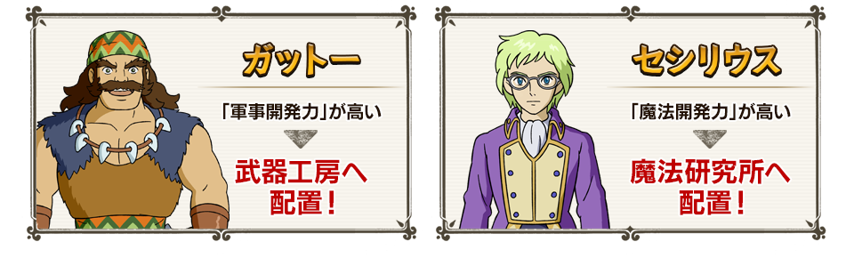 ガットー「軍事開発力」が高い→武器工房へ配置！ セシリウス「魔法開発力」が高い→魔法研究所へ配置！