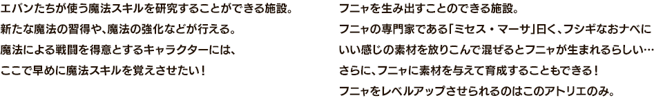 エバンたちが使う魔法スキルを研究することができる施設。新たな魔法の習得や、魔法の強化などが行える。魔法による戦闘を得意とするキャラクターには、ここで早めに魔法スキルを覚えさせたい！ フニャを生み出すことのできる施設。フニャの専門家である「ミセス・マーサ」曰く、フシギなおナベにいい感じの素材を放りこんで混ぜるとフニャが生まれるらしい…さらに、フニャに素材を与えて育成することもできる！フニャをレベルアップさせられるのはこのアトリエのみ。