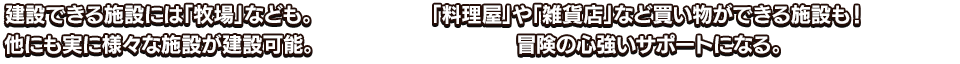 建設できる施設には「牧場」なども。他にも実に様々な施設が建設可能。「料理屋」や「雑貨店」など買い物ができる施設も！冒険の心強いサポートになる。