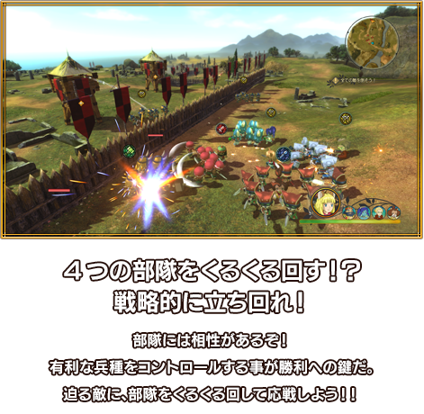 4つの部隊をくるくる回す！？戦略的に立ち回れ！ 部隊には相性があるぞ！有利な兵種をコントロールする事が勝利への鍵だ。迫る敵に、部隊をくるくる回して応戦しよう！！