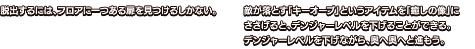 脱出するには、フロアに一つある扉を見つけるしかない。 敵が落とす「キーオーブ」というアイテムを「癒しの像」にささげると、デンジャーレベルを下げることができる。デンジャーレベルを下げながら、奥へ奥へと進もう。