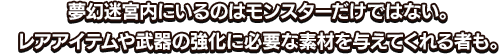 夢幻迷宮内にいるのはモンスターだけではない。レアアイテムや武器の強化に必要な素材を与えてくれる者も。